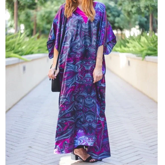 CARESS PURPLE BLUE MIX S-4X FULL LOUNGE ROBE COVERUP DRESS CAFTAN KAFTAN - Picture 2 of 4